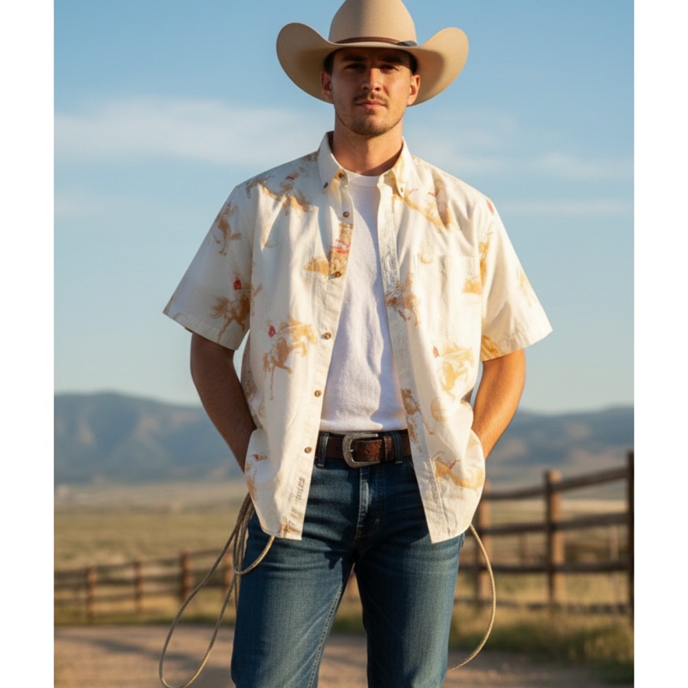 VINTAGE BIT & BRIDLE Western Cowboy Print Short Sleeve Shirt Large Rodeo Horse